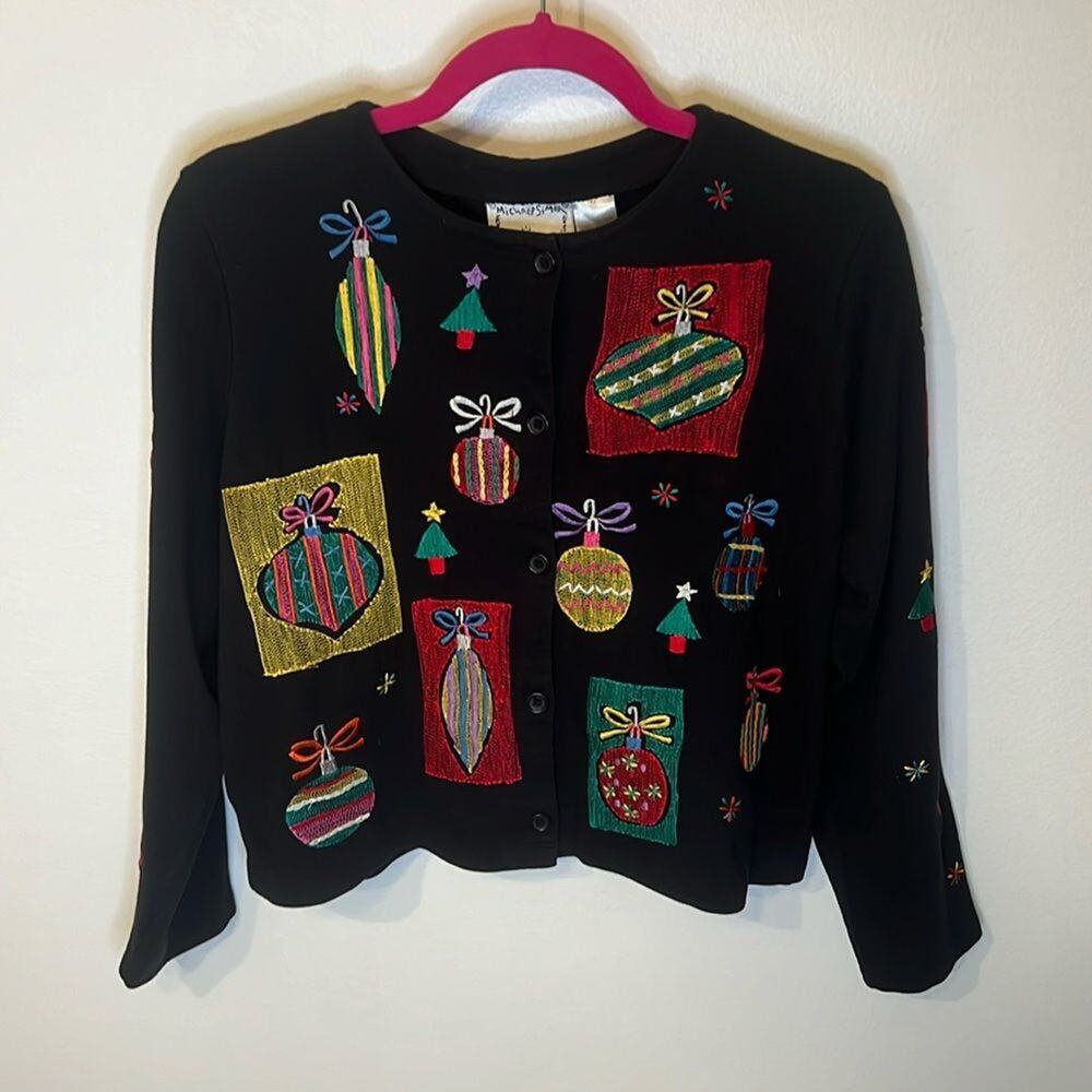 Michael Simon Lite Vintage Embroidered Christmas Holiday Cardigan Medium